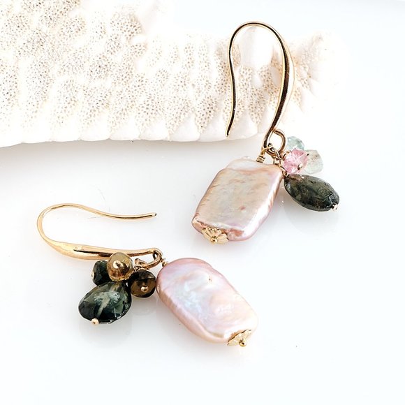 Baroque Pearl & Tourmaline Cluster Earrings, 14K Gold Filled Dainty Ear Wires - Picture 5 of 9